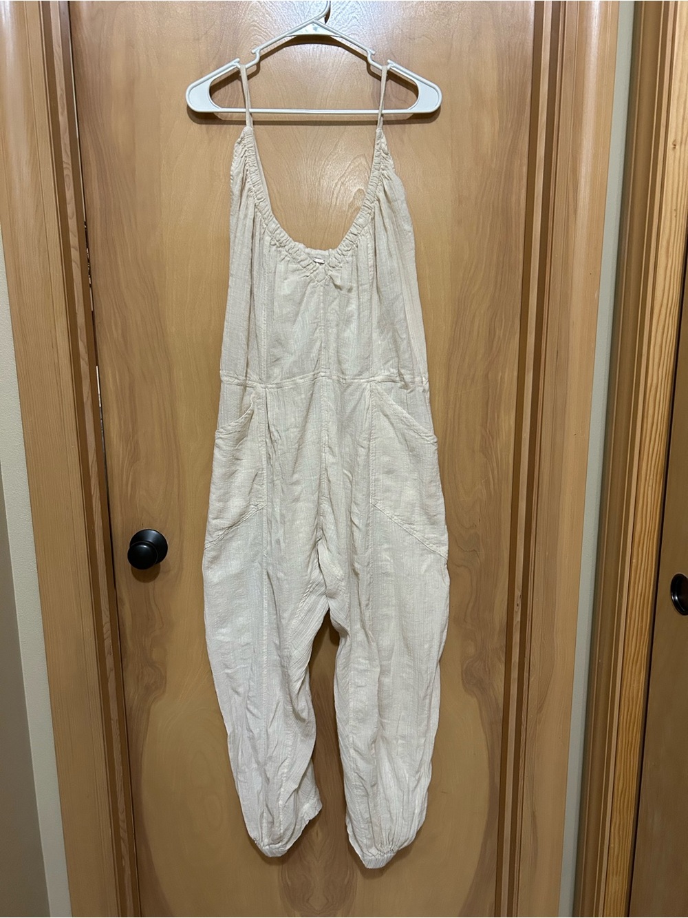 Free People Dream Free Harem Cream Textured Cotton Jumpsuit with Adj Straps NEW